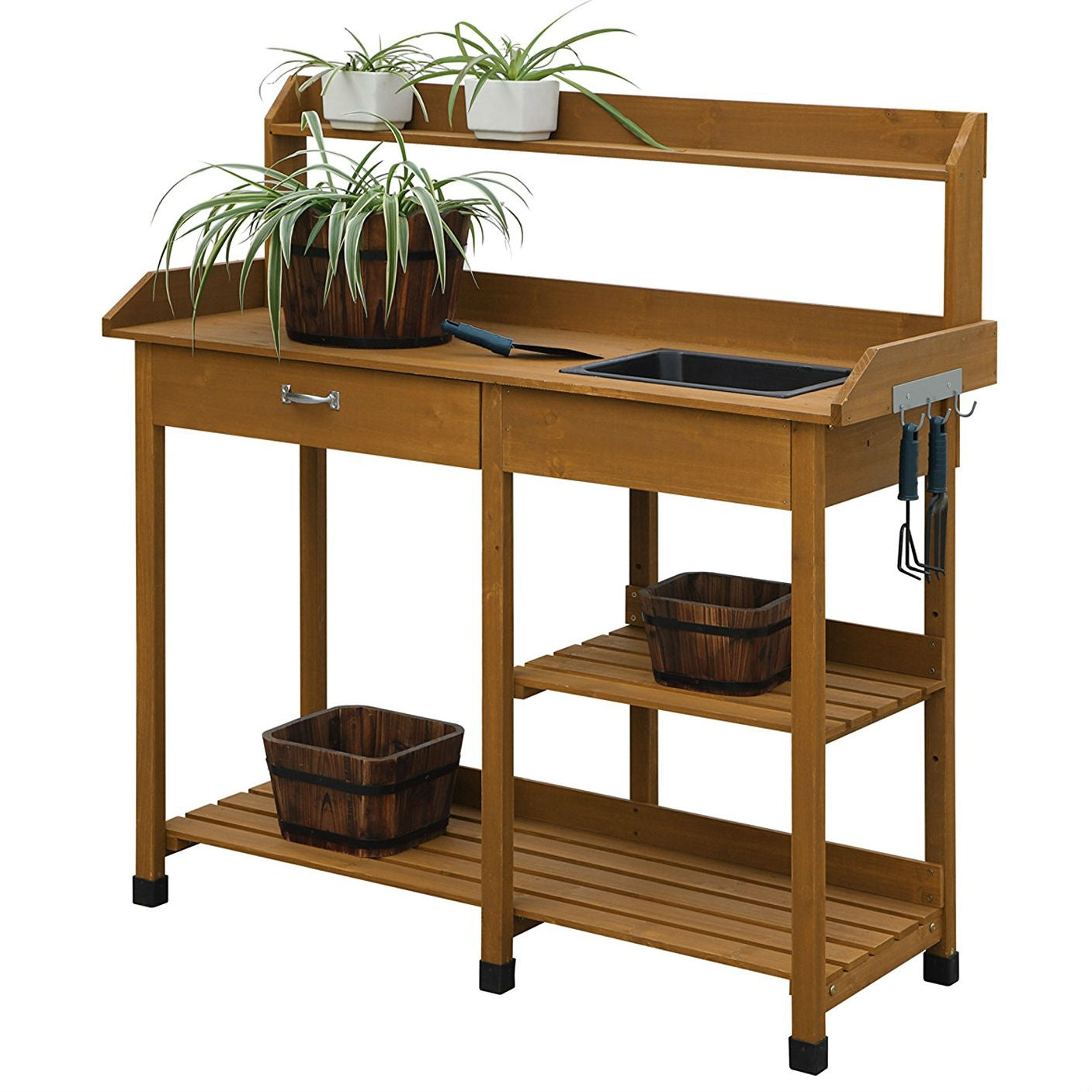 Fast Furnishings Wooden Potting Bench Work Table-sink Light Oak Finish