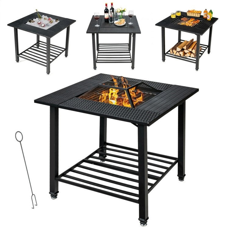 Fast Furnishings 4 in 1 Square Fire Pit, Grill Cooking BBQ Grate, Ice Bucket, Dining Table