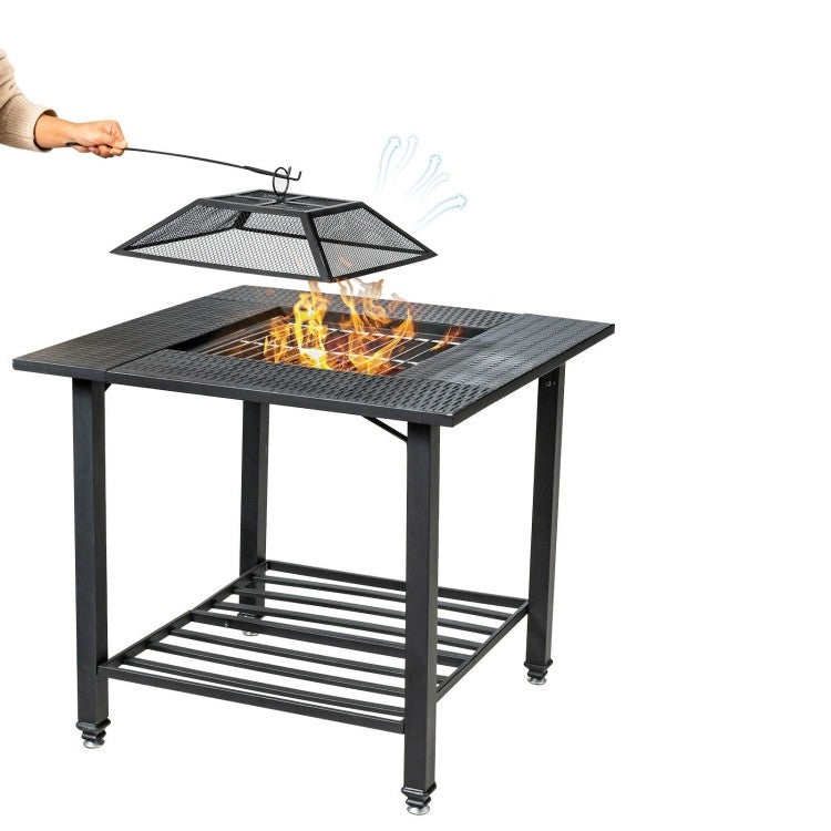 Fast Furnishings 4 in 1 Square Fire Pit, Grill Cooking BBQ Grate, Ice Bucket, Dining Table