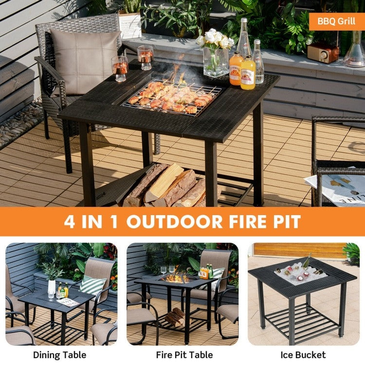 Fast Furnishings 4 in 1 Square Fire Pit, Grill Cooking BBQ Grate, Ice Bucket, Dining Table