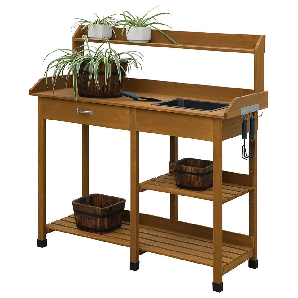 Fast Furnishings Modern Garden Potting Bench Table with Sink Storage Shelves & Drawer