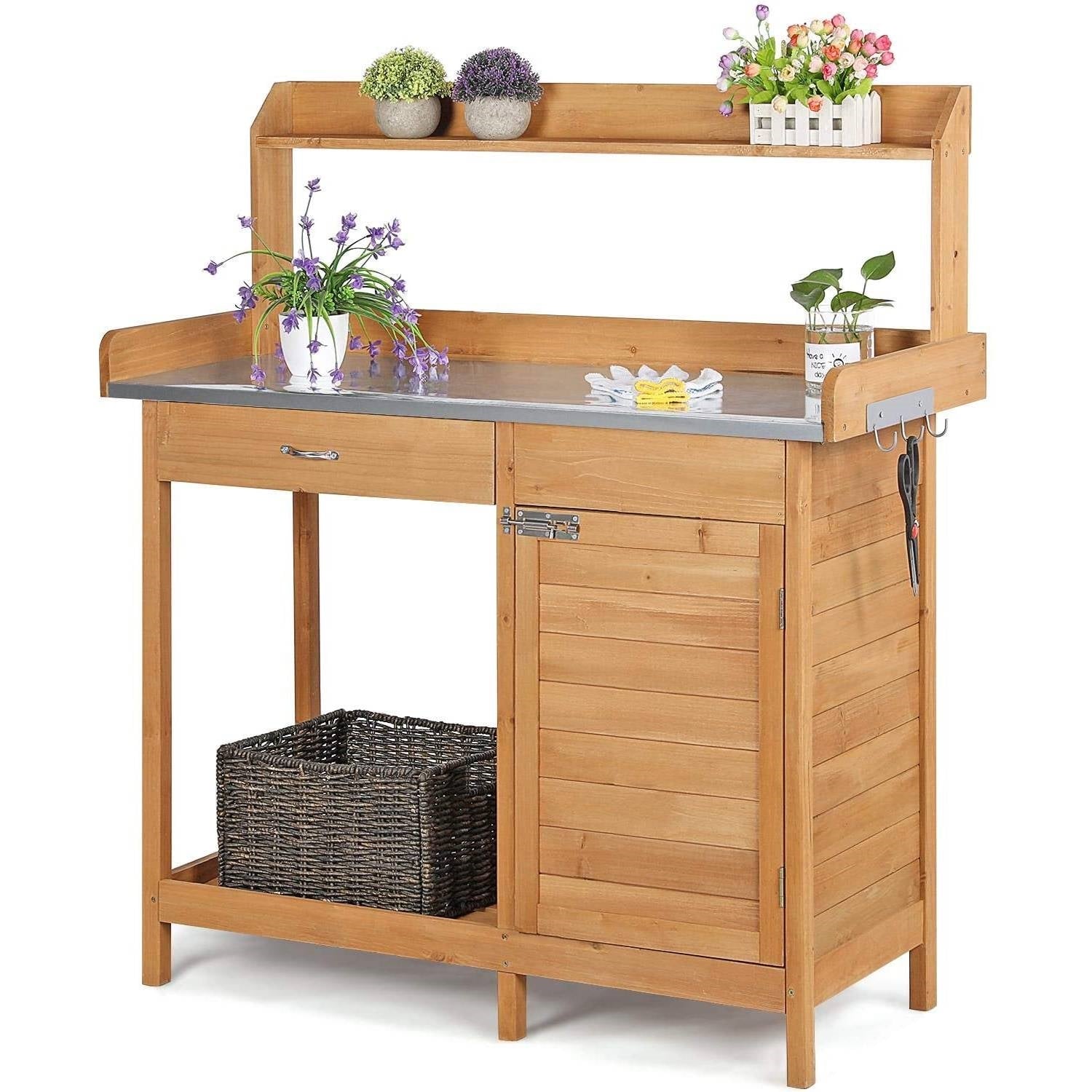 Fast Furnishings Natural Fir Wood Potting Bench with Galvanized Steel Table Top