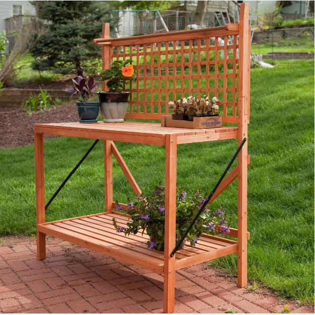 Fast Furnishings Outdoor Weather-Resistant Fir Wood Potting Bench Garden Table with Lattice Back