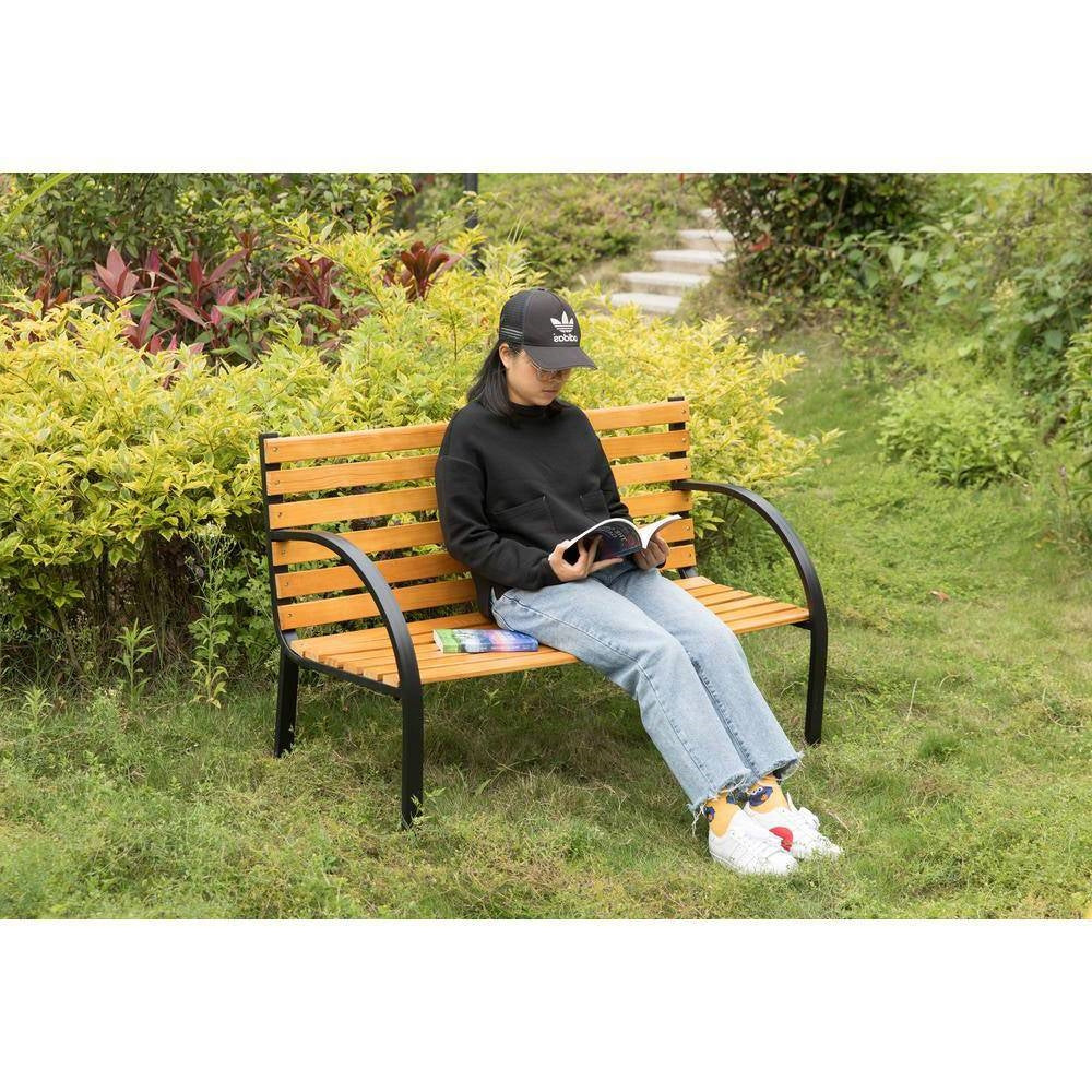 Fast Furnishings Outdoor Black Metal Frame Garden Bench with Wood Slats and Curved Armrests