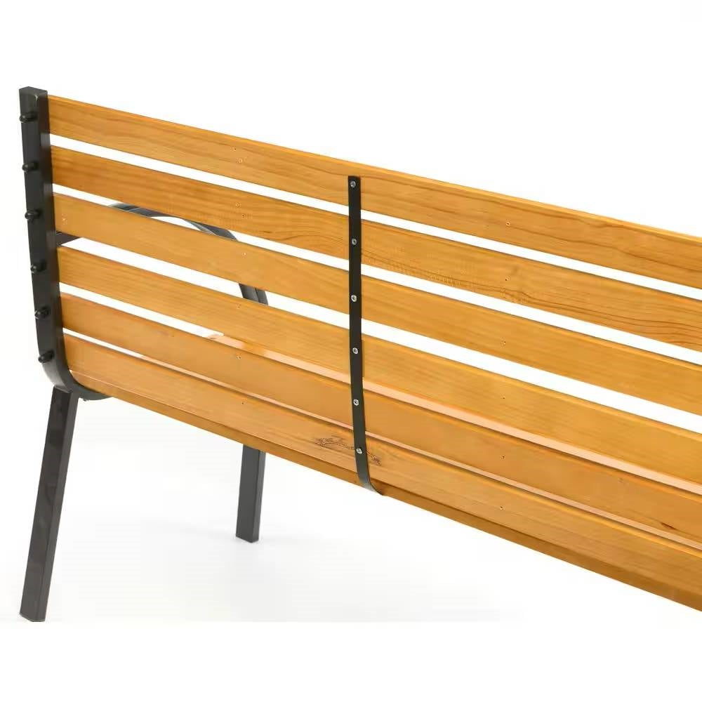 Fast Furnishings Outdoor Black Metal Frame Garden Bench with Wood Slats and Curved Armrests