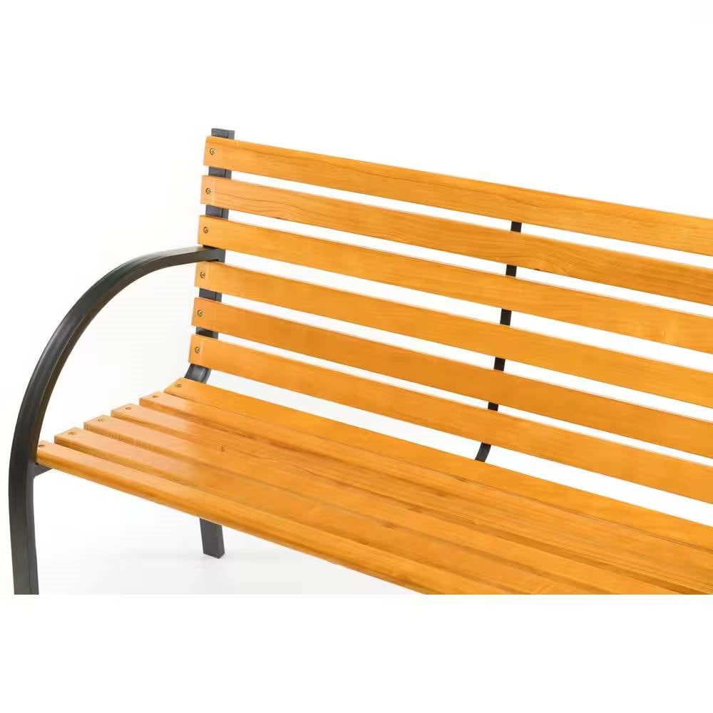 Fast Furnishings Outdoor Black Metal Frame Garden Bench with Wood Slats and Curved Armrests