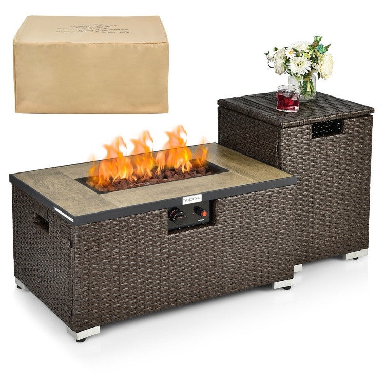 Fast Furnishings Outdoor Propane Fire Pit with Side Table Tank Holder in Brown PE Rattan