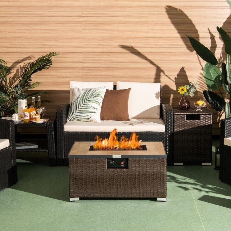 Fast Furnishings Outdoor Propane Fire Pit with Side Table Tank Holder in Brown PE Rattan