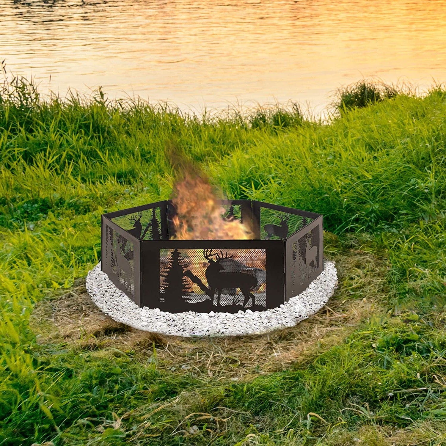 Fast Furnishings Deer Print Hexagon Portable Folding Steel Mesh Fire Pit w Carry Case