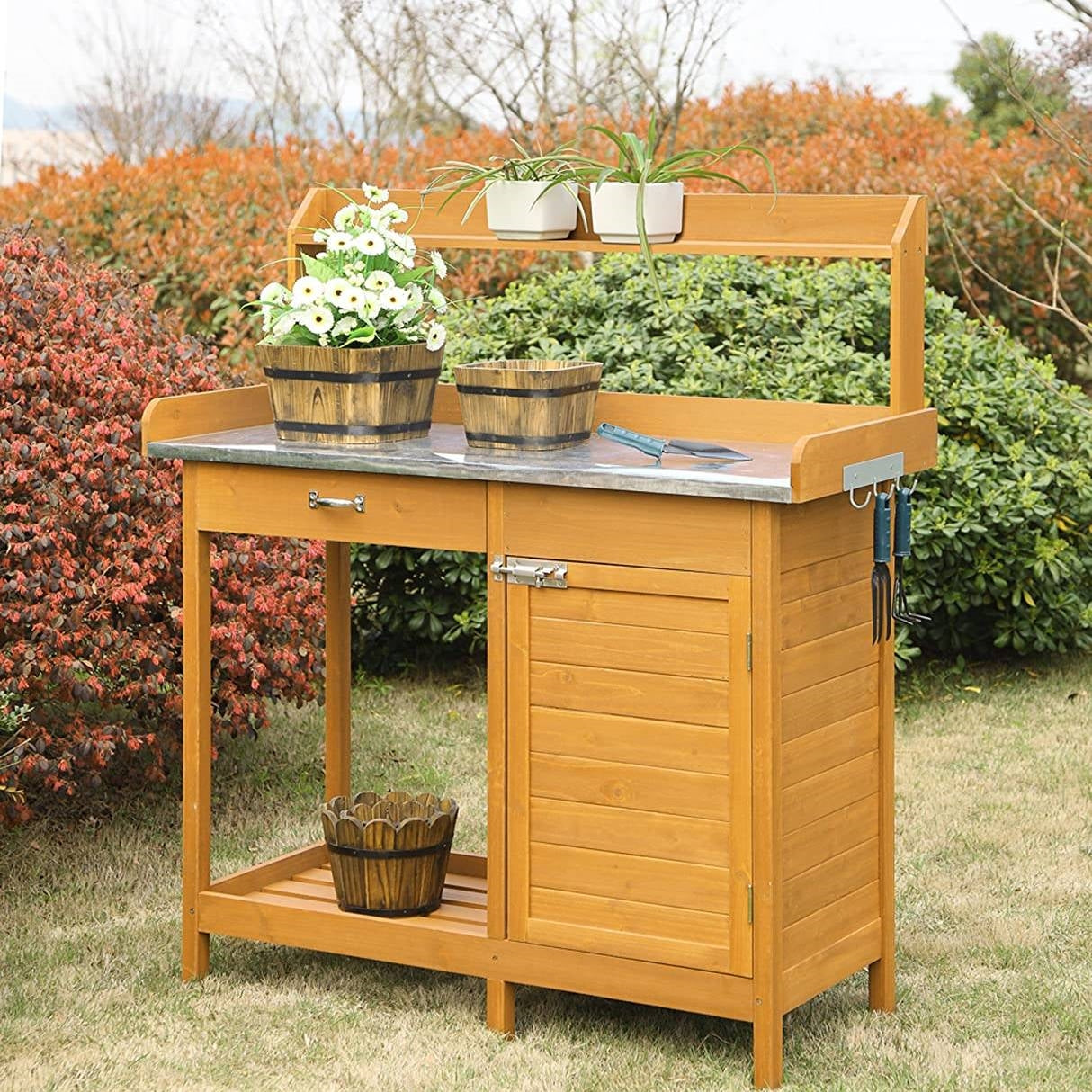 Fast Furnishings Outdoor Garden Organizer Stainless Steel Top Potting Bench Storage Cabinet