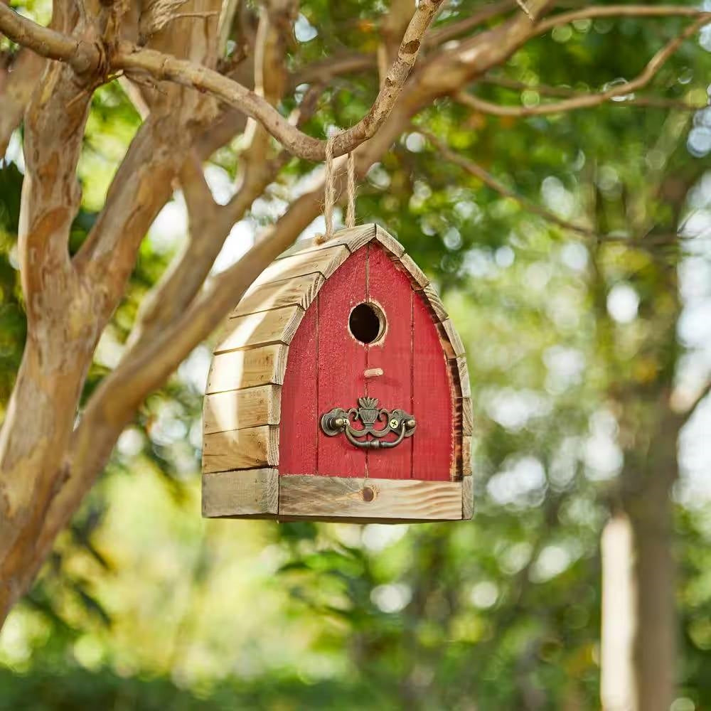 Fast Furnishings Vintage Farmhouse Style Red Solid Wood Outdoor Birdhouse