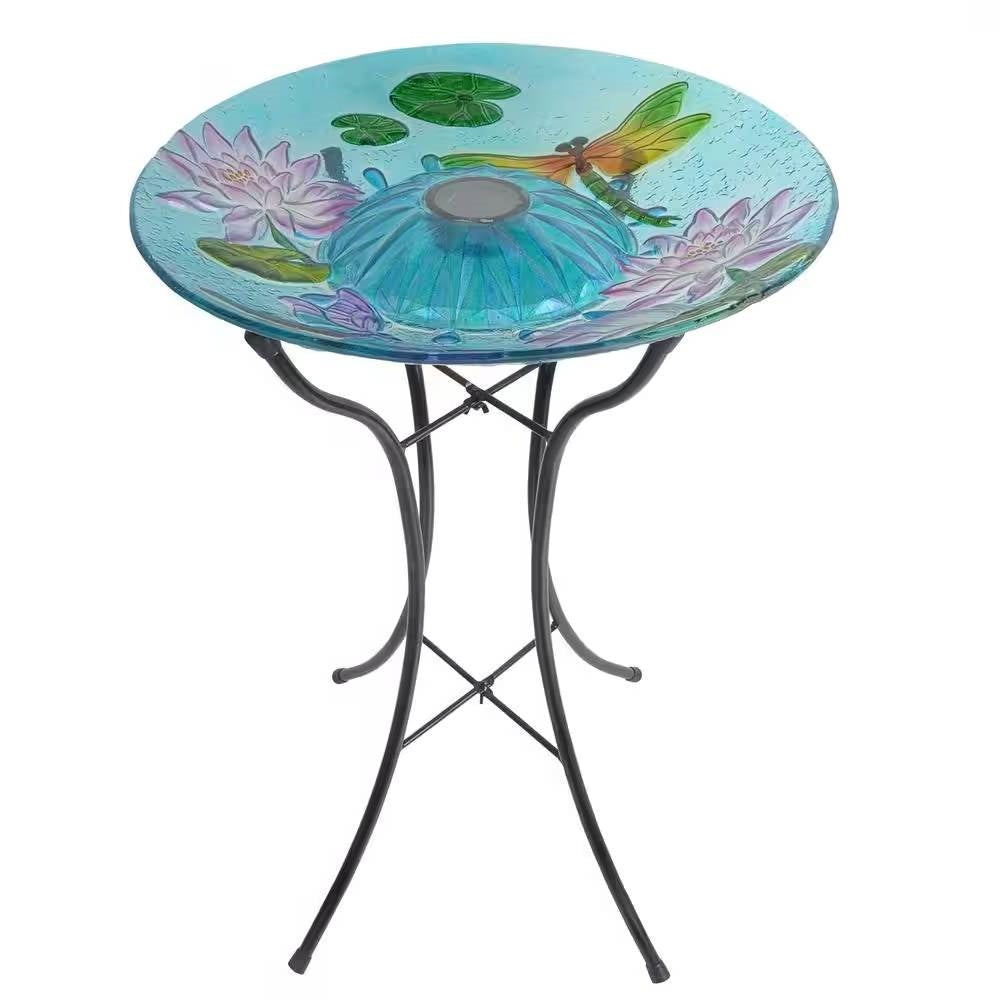 Fast Furnishings Outdoor Glass Bowl Bird Bath with Black Metal Stand and Solar Powered Light