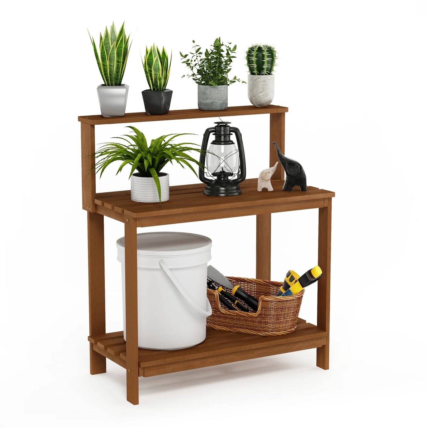 Fast Furnishings Solid Meranti Wood Outdoor Garden Potting Bench Table with Bottom Shelf