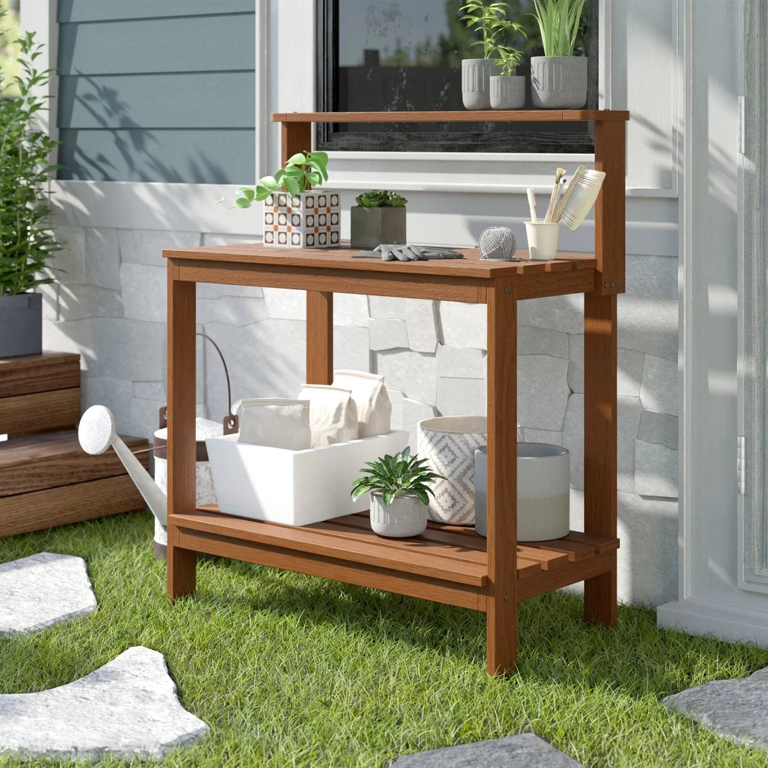 Fast Furnishings Solid Meranti Wood Outdoor Garden Potting Bench Table with Bottom Shelf