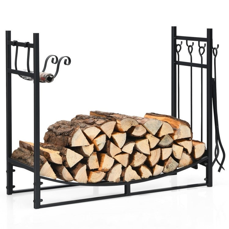 Fast Furnishings Indoor/Outdoor Heavy Duty Steel Firewood Storage w/ Kindling Holders, Shovel