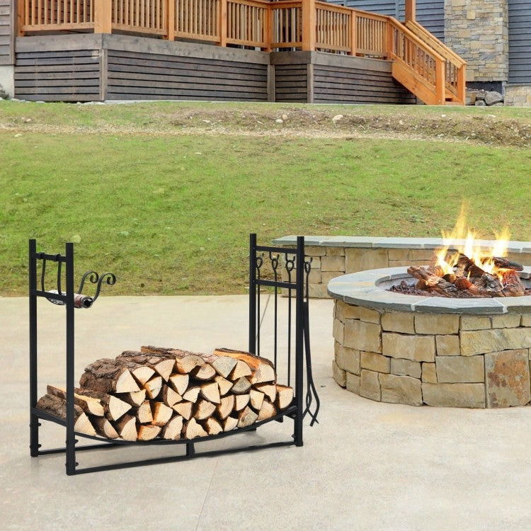 Fast Furnishings Indoor/Outdoor Heavy Duty Steel Firewood Storage w/ Kindling Holders, Shovel