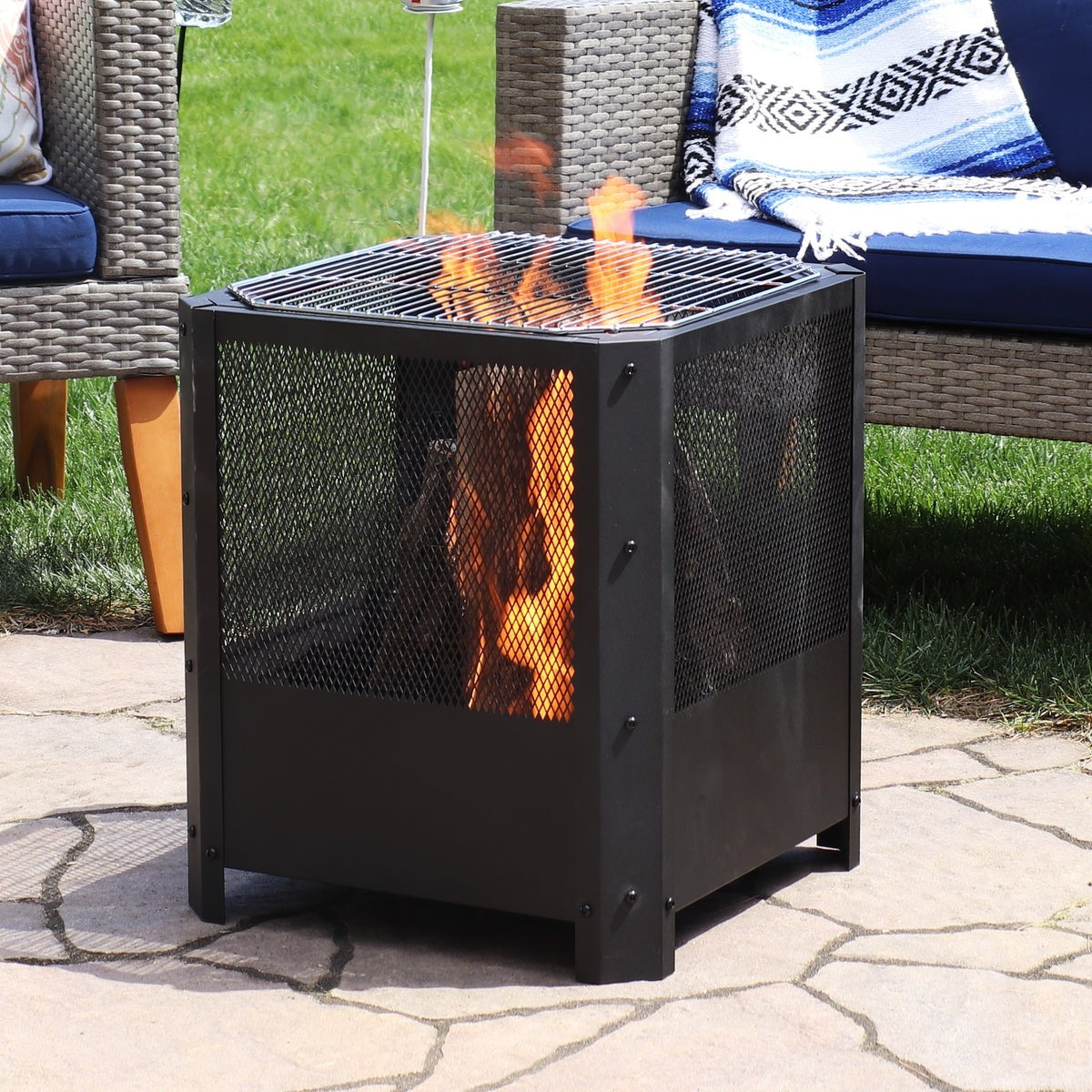 Fast Furnishings 16 Inch Small Grelha Square Outdoor Fire Pit with Grilling Grate