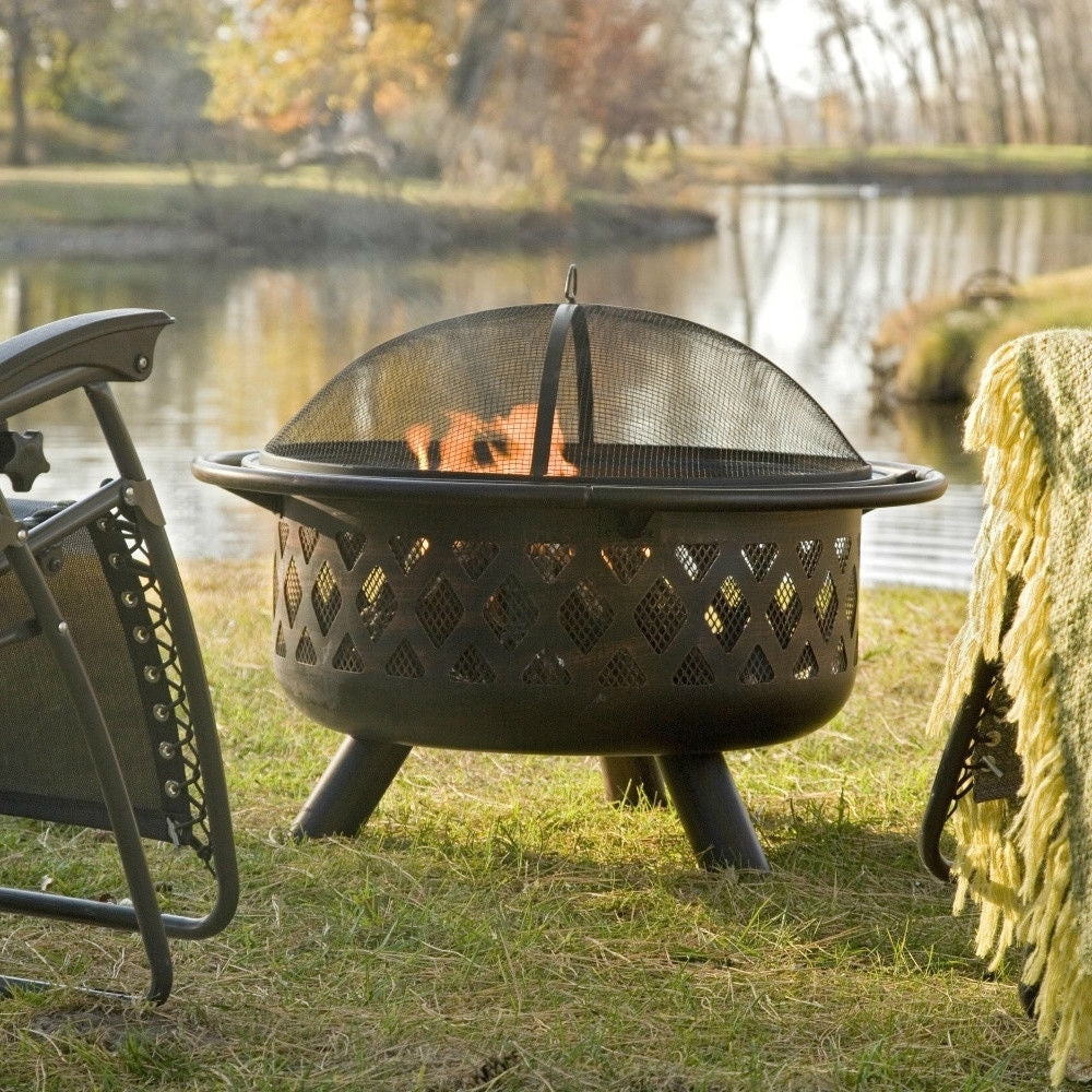 Fast Furnishings 36-inch Bronze Fire Pit with Grill Grate Spark Screen Cover