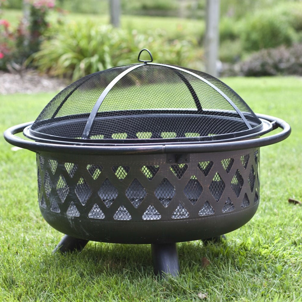 Fast Furnishings 36-inch Bronze Fire Pit with Grill Grate Spark Screen Cover