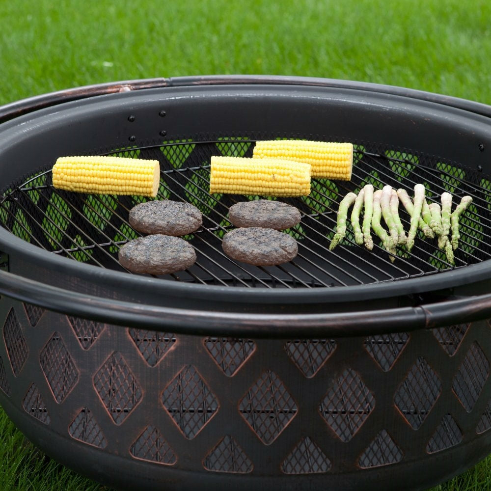 Fast Furnishings 36-inch Bronze Fire Pit with Grill Grate Spark Screen Cover