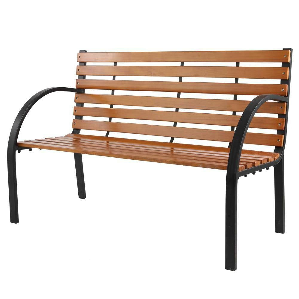 Fast Furnishings Black Metal Frame Outdoor Wood Slat Garden Bench with Curved Armrests