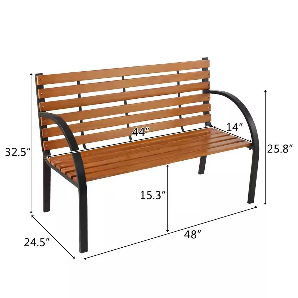 Fast Furnishings Black Metal Frame Outdoor Wood Slat Garden Bench with Curved Armrests