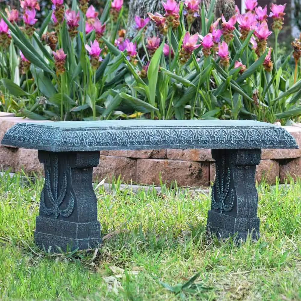 Fast Furnishings Black Fiber-Clay Resin Outdoor Garden Bench in Stone Finish