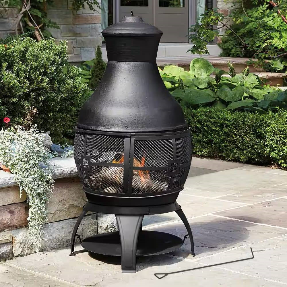 Fast Furnishings 45-inch Black Cast Iron and Steel Outdoor Fire Pit Chimenea