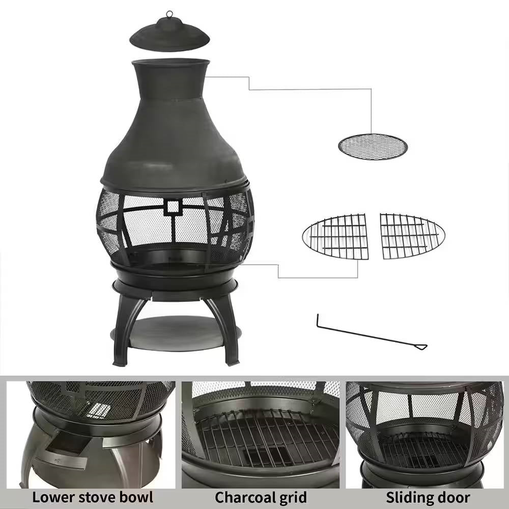 Fast Furnishings 45-inch Black Cast Iron and Steel Outdoor Fire Pit Chimenea