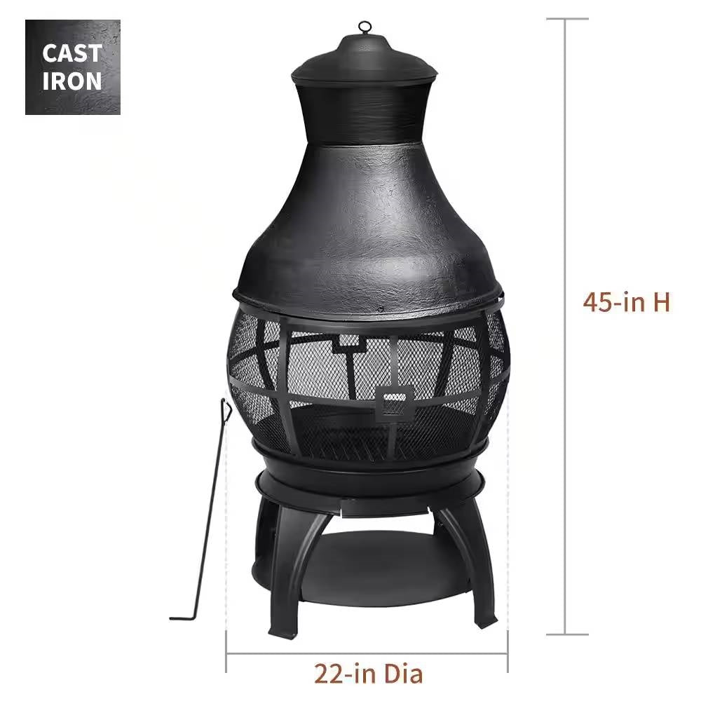 Fast Furnishings 45-inch Black Cast Iron and Steel Outdoor Fire Pit Chimenea