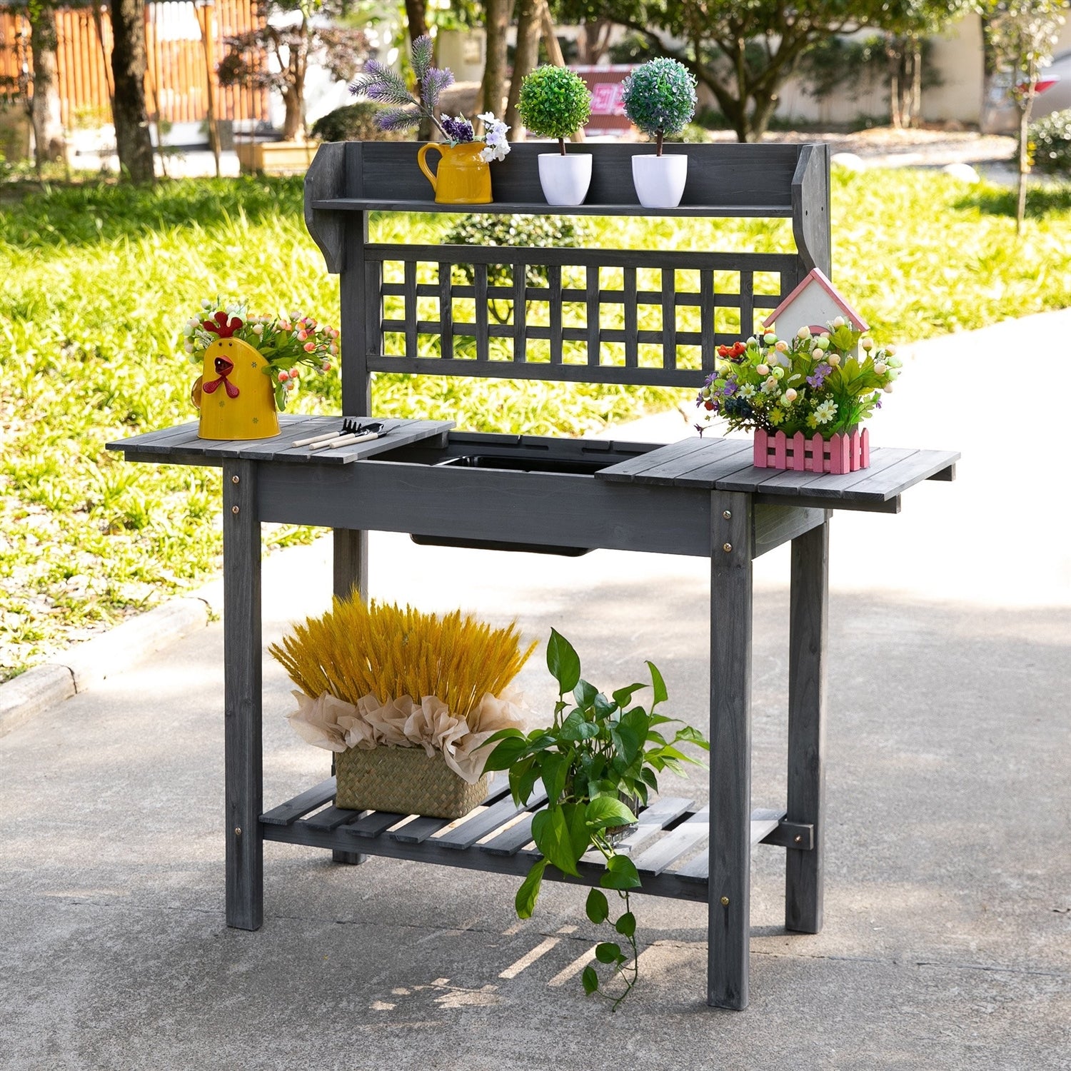 Fast Furnishings Outdoor Grey Wood Potting Bench Expandable Top with Food Grade Plastic Sink