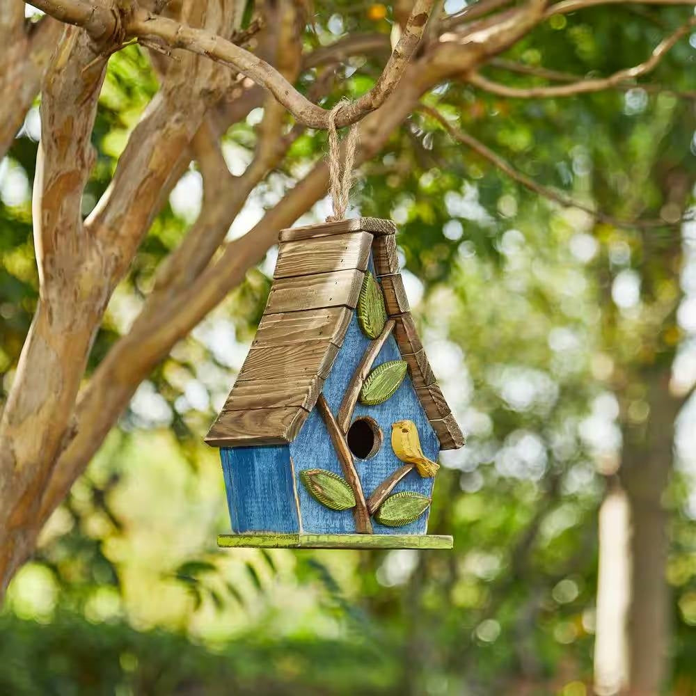 Fast Furnishings Farmhouse Solid Wood Hanging Birdhouse in Blue Green Yellow Brown