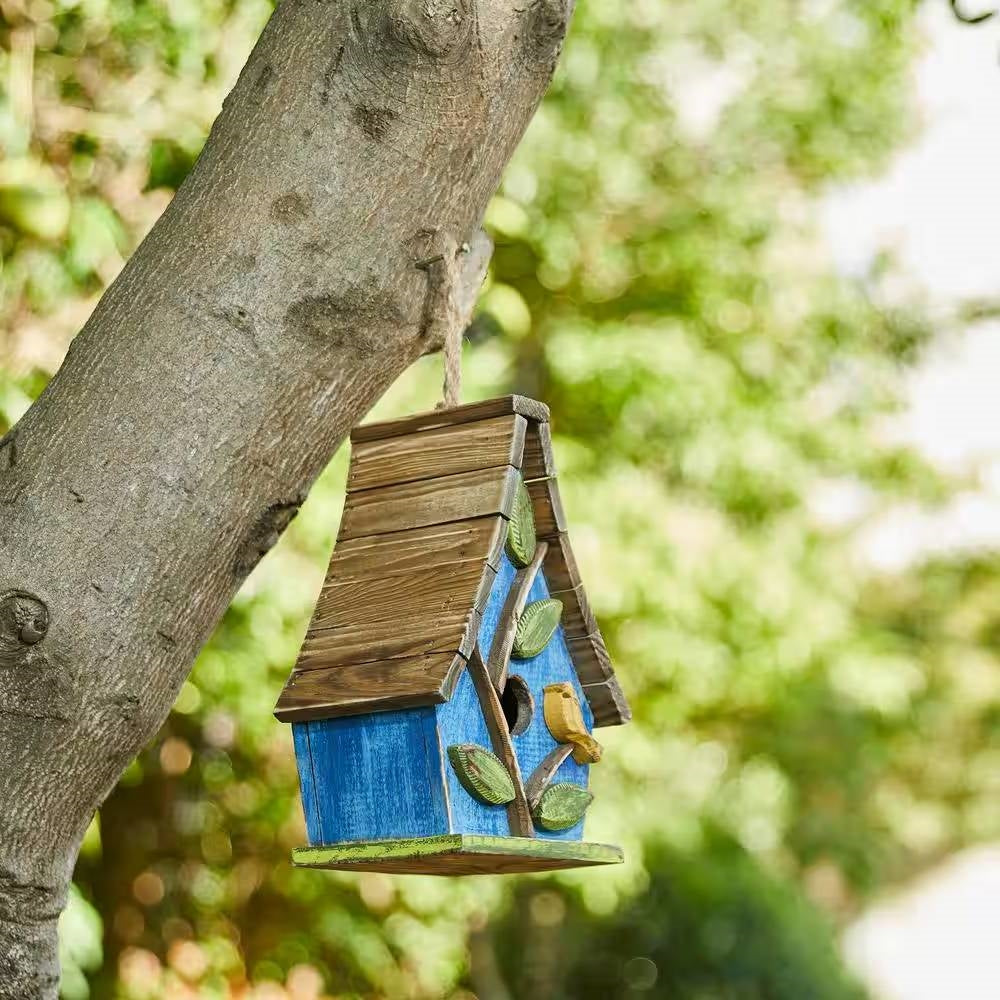 Fast Furnishings Farmhouse Solid Wood Hanging Birdhouse in Blue Green Yellow Brown