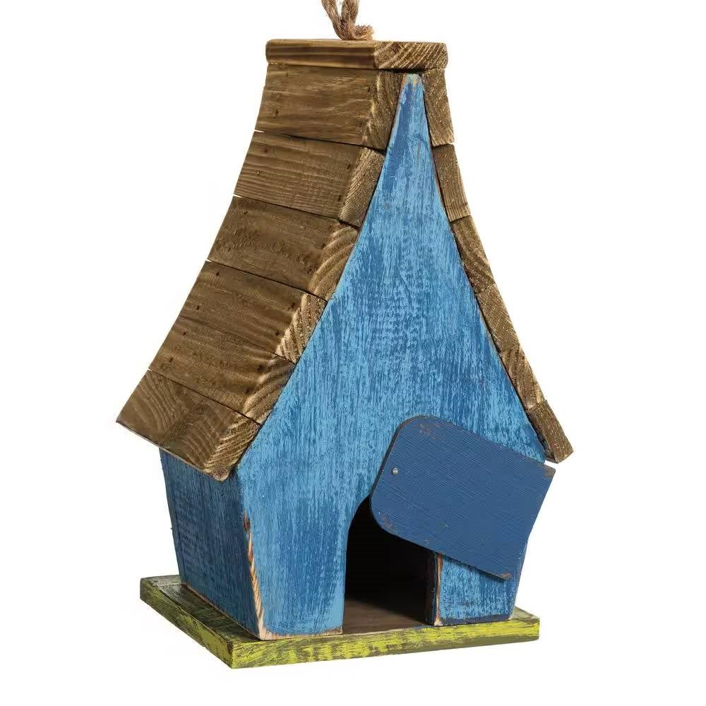 Fast Furnishings Farmhouse Solid Wood Hanging Birdhouse in Blue Green Yellow Brown