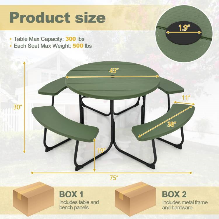 Fast Furnishings Green All Weather 8 Seater Picnic Table with Umbrella Hole