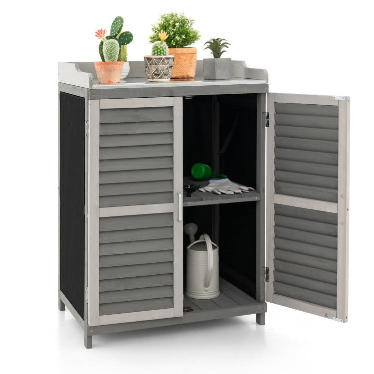 Fast Furnishings Grey Solid Wood Patio Storage Cabinet Garden Potting Bench Table with Metal Top