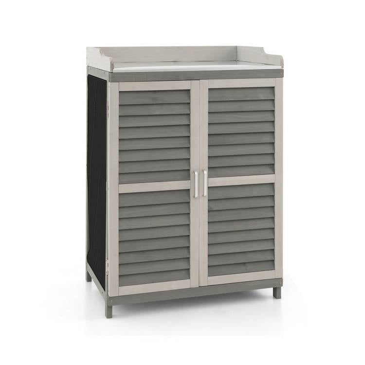 Fast Furnishings Grey Solid Wood Patio Storage Cabinet Garden Potting Bench Table with Metal Top