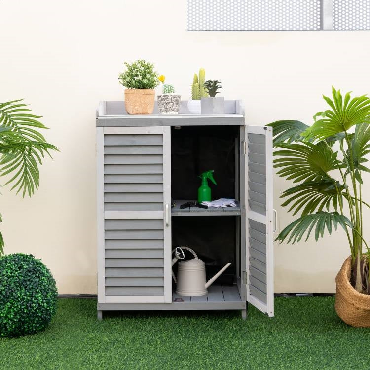 Fast Furnishings Grey Solid Wood Patio Storage Cabinet Garden Potting Bench Table with Metal Top