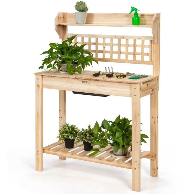 Fast Furnishings Solid Wood Garden Potting Bench Table with Bottom Shelf and Removeable Sink