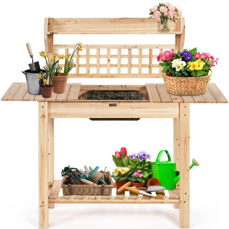 Fast Furnishings Solid Wood Garden Potting Bench Table with Bottom Shelf and Removeable Sink