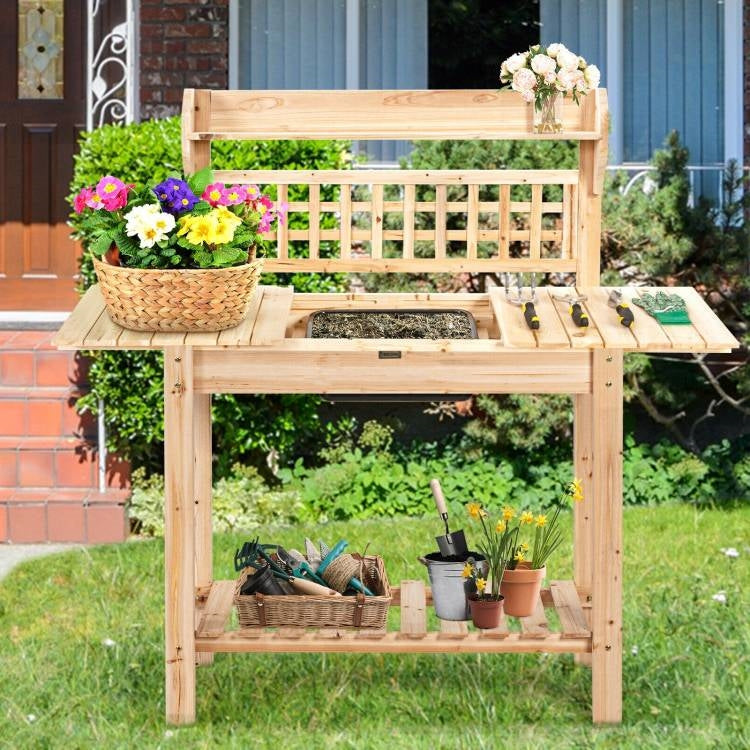 Fast Furnishings Solid Wood Garden Potting Bench Table with Bottom Shelf and Removeable Sink