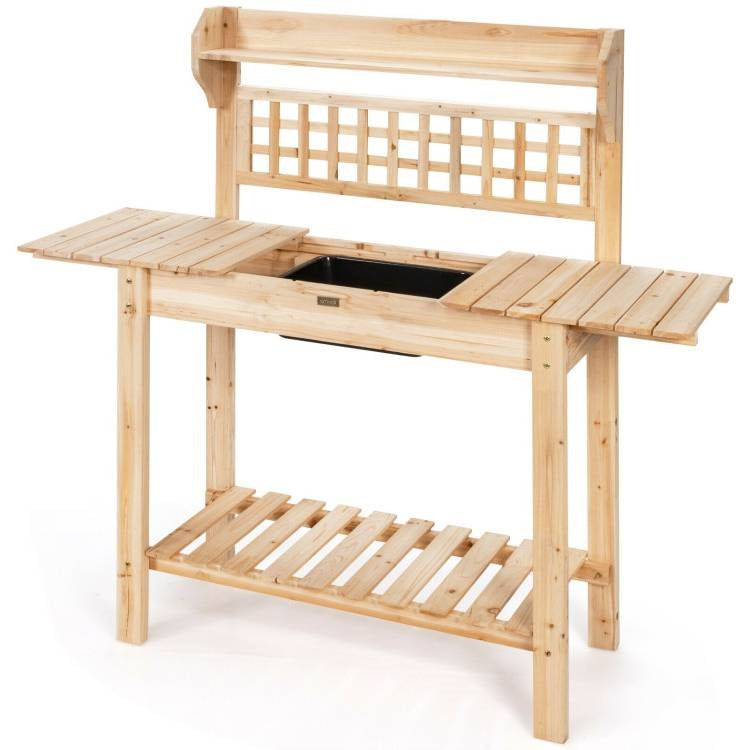 Fast Furnishings Solid Wood Garden Potting Bench Table with Bottom Shelf and Removeable Sink