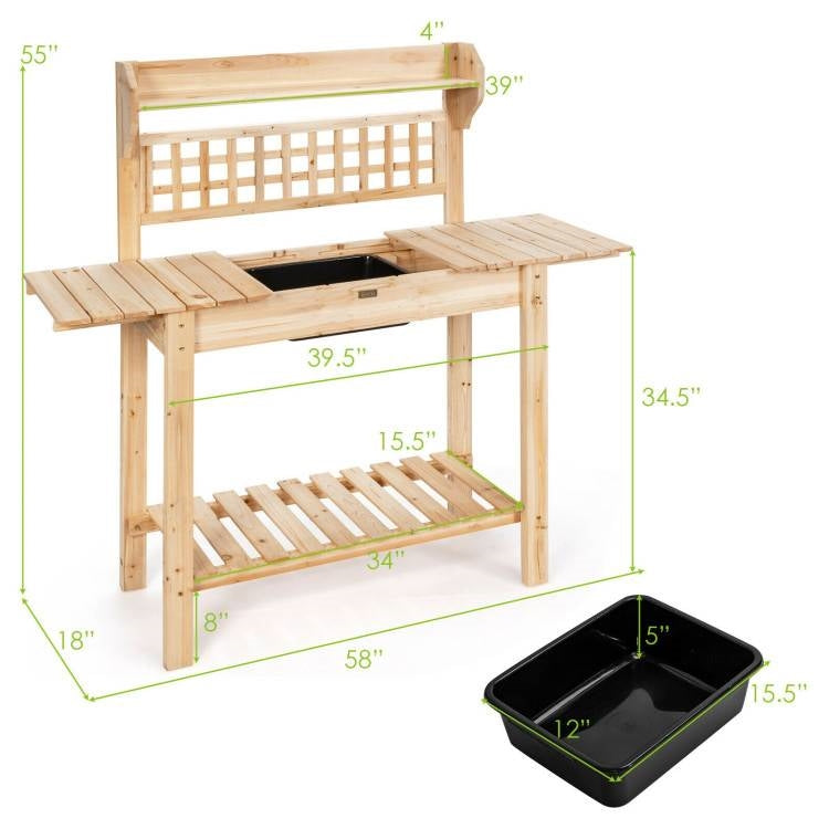 Fast Furnishings Solid Wood Garden Potting Bench Table with Bottom Shelf and Removeable Sink