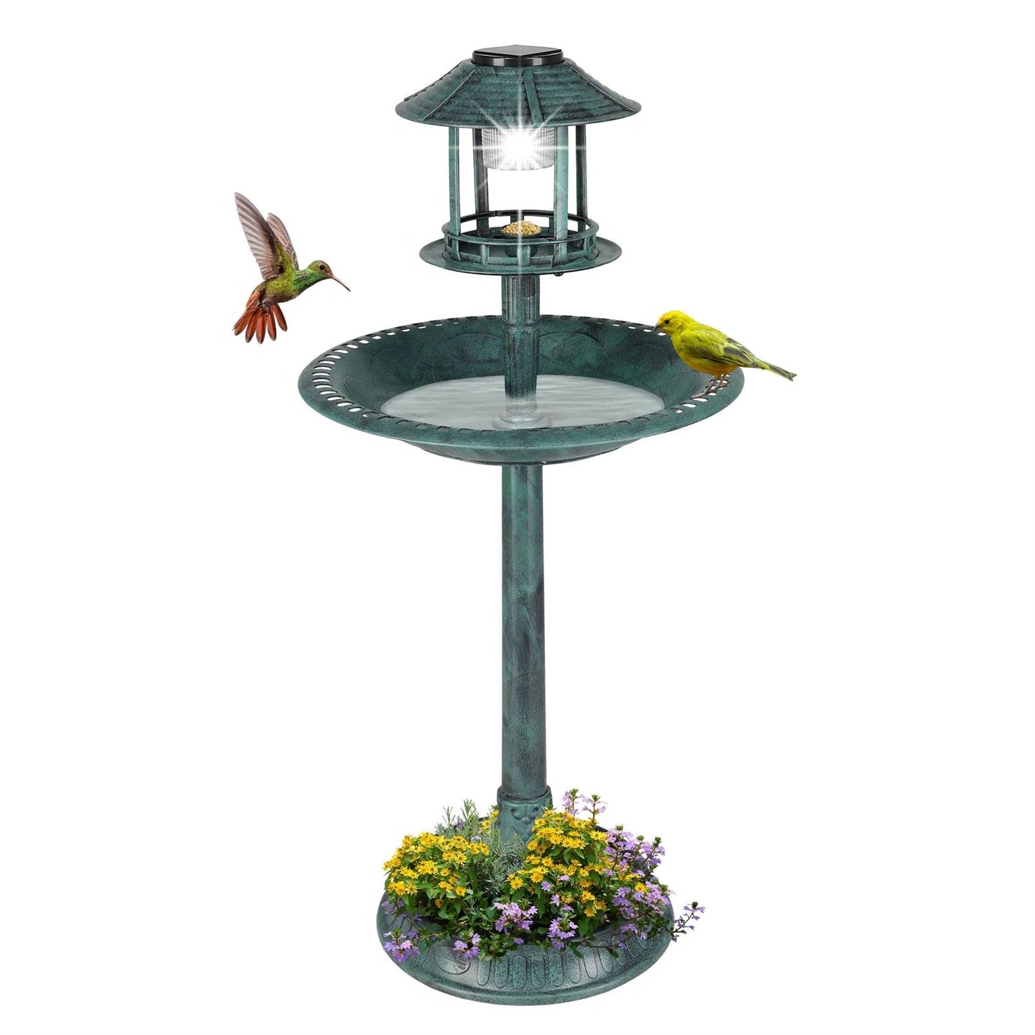 Fast Furnishings Outdoor Garden Birdbath in Green Copper Patina Finish with Solar Light