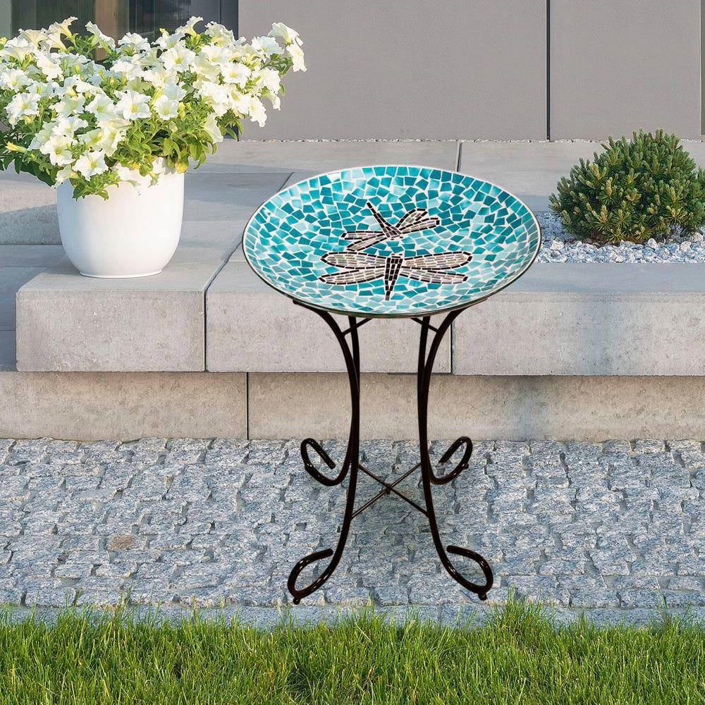 Fast Furnishings Teal Green Blue White Mosaic Glass Birdbath Bowl with Black Metal Stand