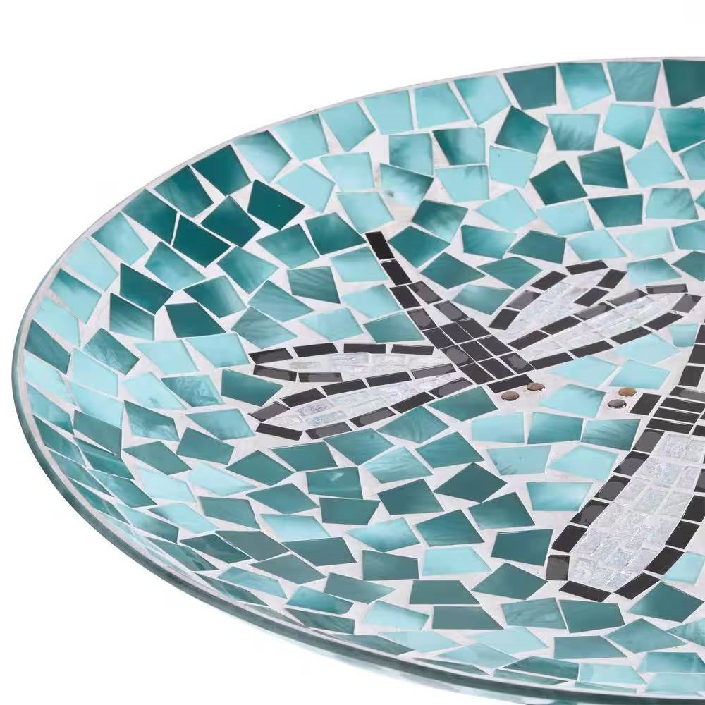 Fast Furnishings Teal Green Blue White Mosaic Glass Birdbath Bowl with Black Metal Stand