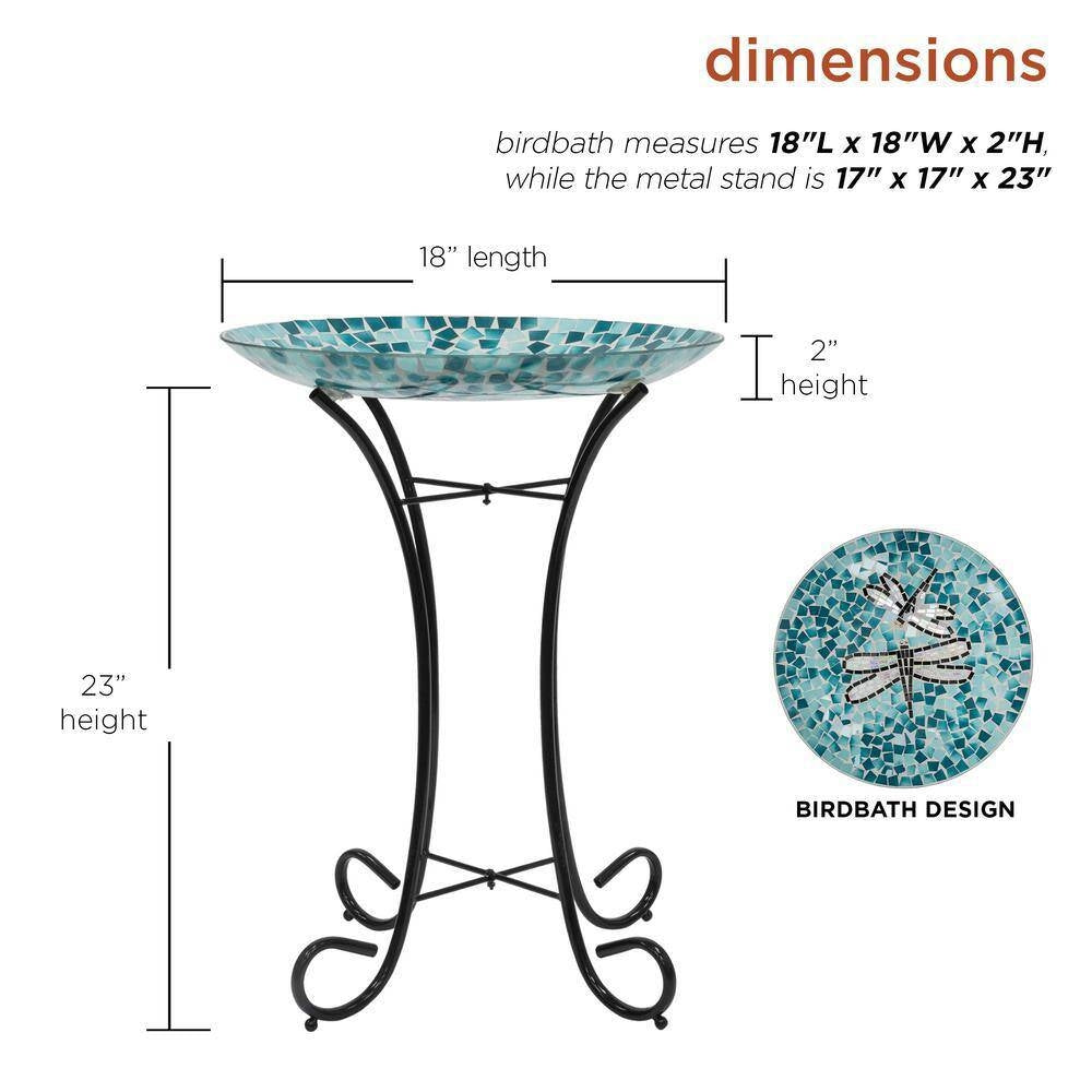 Fast Furnishings Teal Green Blue White Mosaic Glass Birdbath Bowl with Black Metal Stand