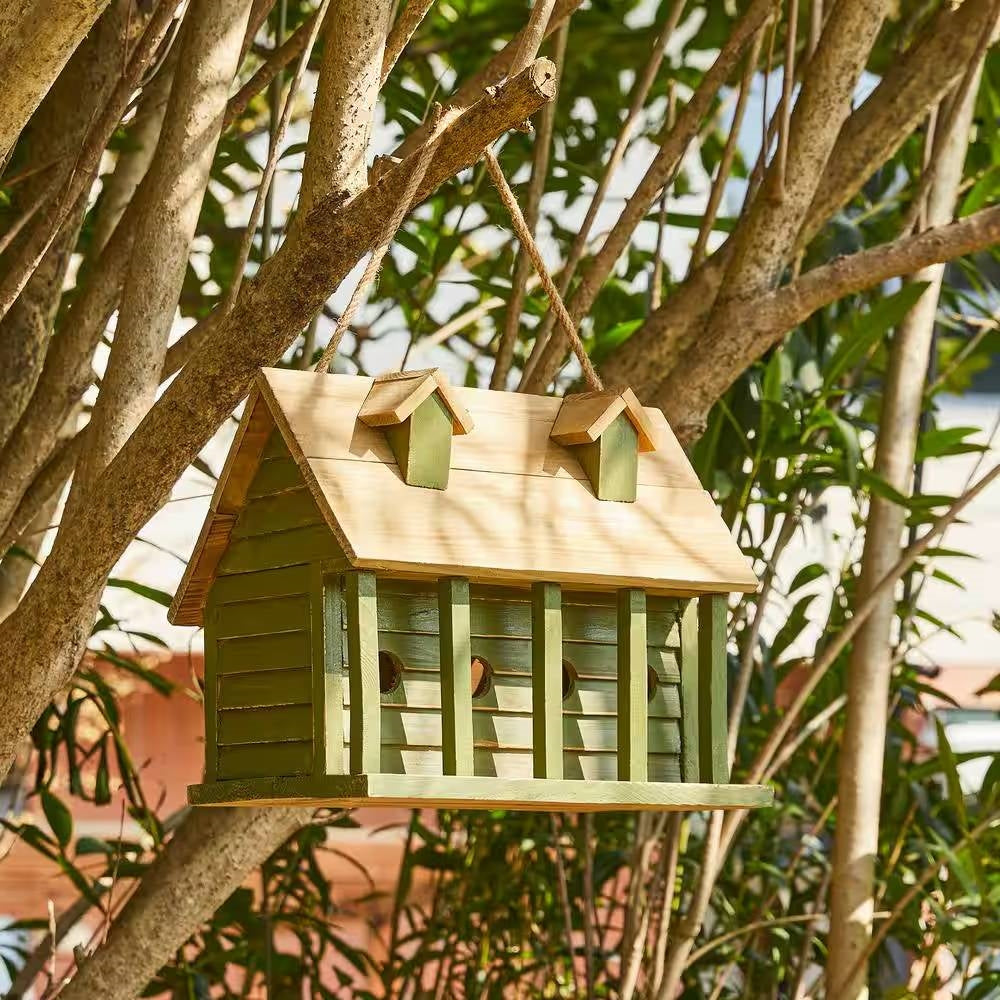 Fast Furnishings Green Wood Garden Bird House with 1 Compartment and 4 Holes