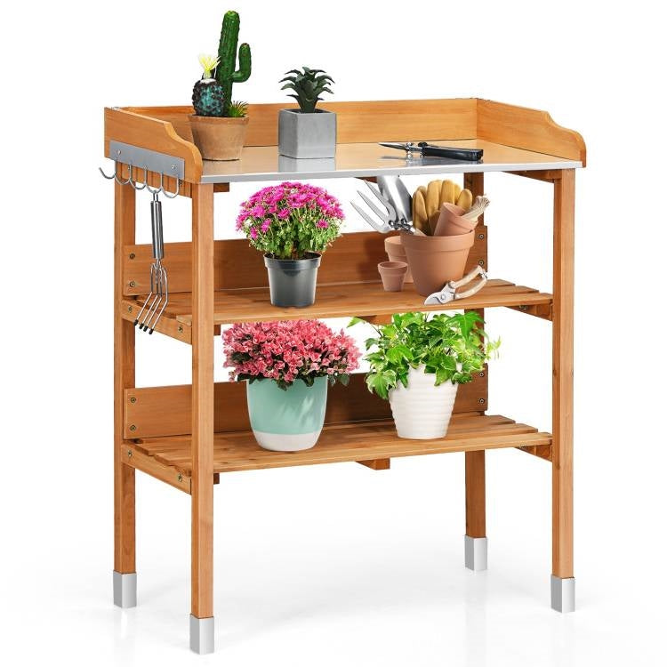 Fast Furnishings Solid Wood Outdoor Garden Bench Table with Bottom Storage Shelves and Metal Top