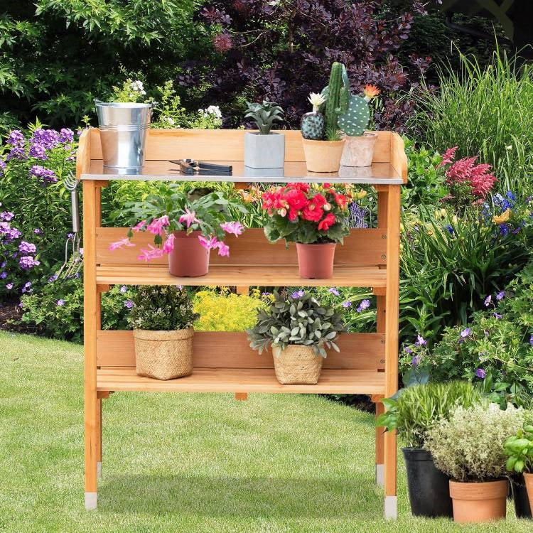 Fast Furnishings Solid Wood Outdoor Garden Bench Table with Bottom Storage Shelves and Metal Top